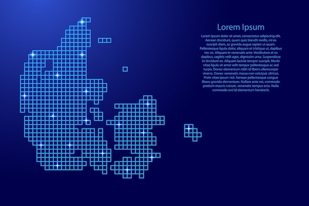 Denmark map silhouette from blue mosaic structure squares and glowing stars. Vector illustration.