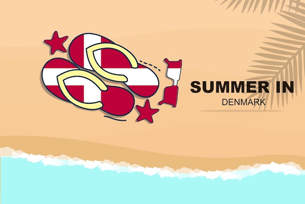 Дания летние каникулы вектор баннер пляжный отдых шлепанцы солнцезащитные очки морская звезда на песке