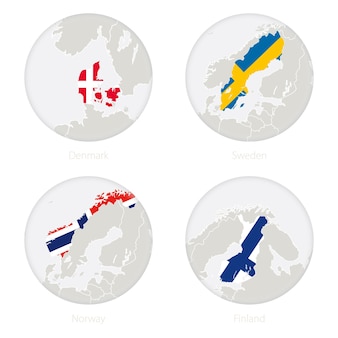 Danimarca, svezia, norvegia, finlandia contorno mappa e bandiera nazionale in un cerchio. illustrazione vettoriale.