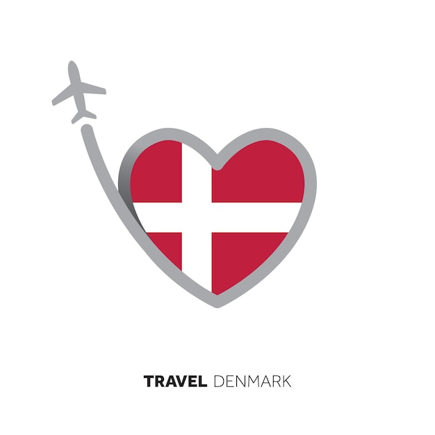 Denmark travel concept heart shape flag with airplane