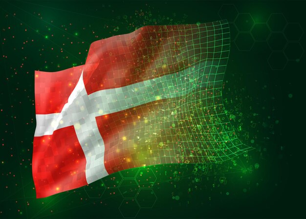 Denmark, on vector 3d flag on green background with polygons and data numbers