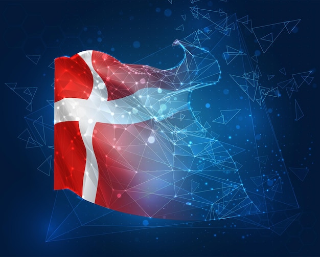 Denmark vector flag virtual abstract 3D object from triangular polygons on a blue background