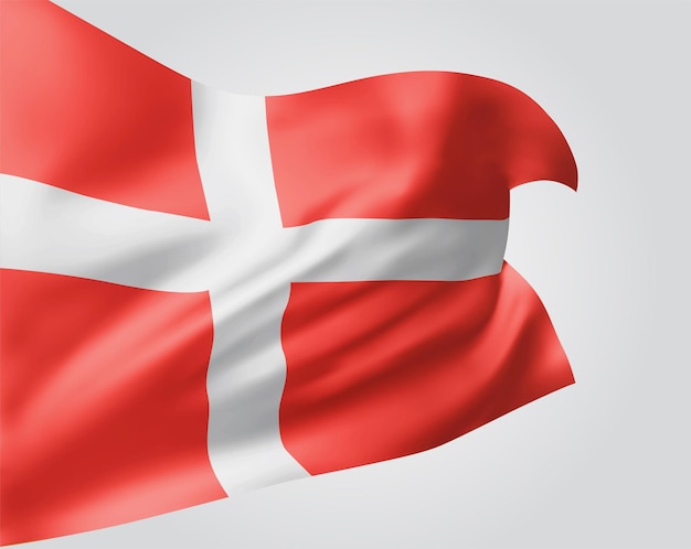 덴마크, 파도와 굴곡이 있는 벡터 깃발은 흰색 배경에 바람에 흔들립니다.