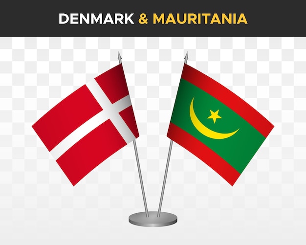 Denmark vs mauritania desk flags mockup isolated 3d vector illustration danish table flag