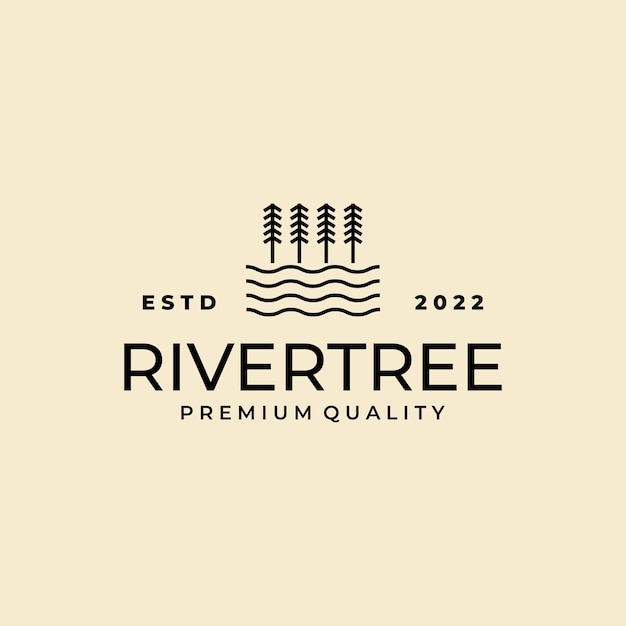 Dennenboom met river creek logo line art design vector
