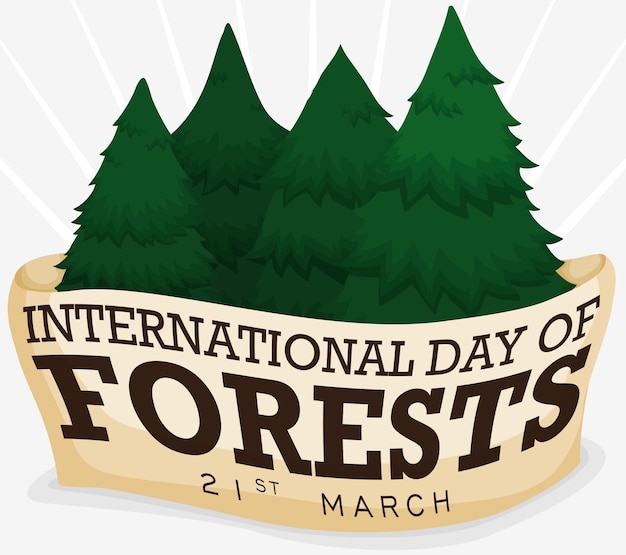 Vector dennenbos gewikkeld in een groetband als geschenk van de natuur voor de internationale dag van de bossen