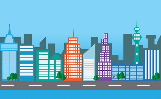 Vector dense city with colorful tall buildings