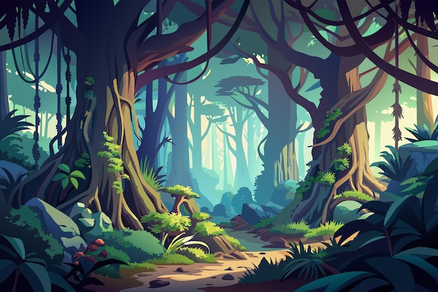 A dense forest filled with towering trees and tangled vines
