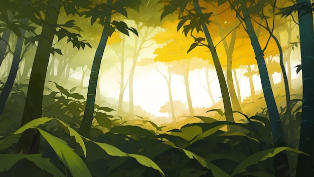 密集した雨林の自然風景 詳細な手描き絵画イラスト