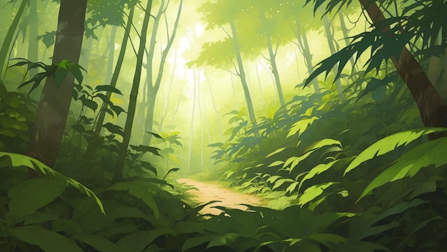 Densa foresta pluviale paesaggio naturale disegnato a mano illustrazione di pittura dettagliata