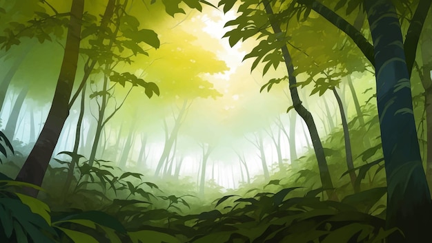 Densa foresta pluviale paesaggio naturale disegnato a mano illustrazione di pittura dettagliata