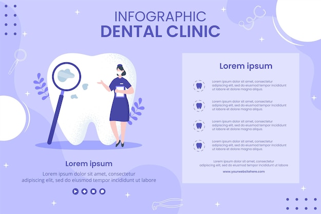 벡터 치과 치료 및 클리닉 infographic 평면 만화 손으로 그린 템플릿 그림