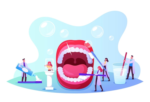 Concetto di cure odontoiatriche. caratteri di piccoli dentisti che puliscono e puliscono i denti enormi a bocca aperta. il dottore usa il dentifricio. assistenza sanitaria, programma di trattamento orale, check-up. cartoon persone illustrazione vettoriale