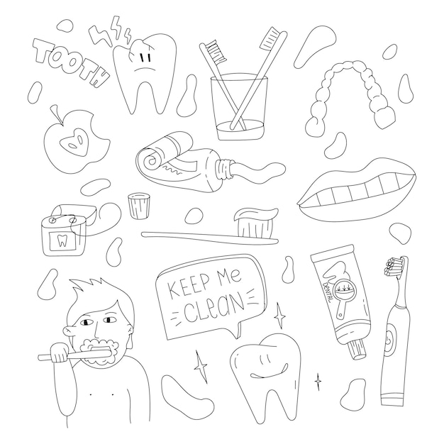 Dental care doodle set Simple tooth care illustration tools for Healthy teeth everyday routine