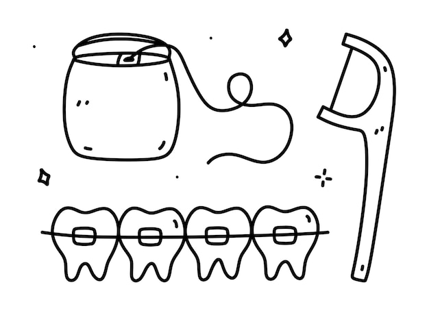 Dental care doodle set Teeth with braces and and two types of dental floss Oral hygiene