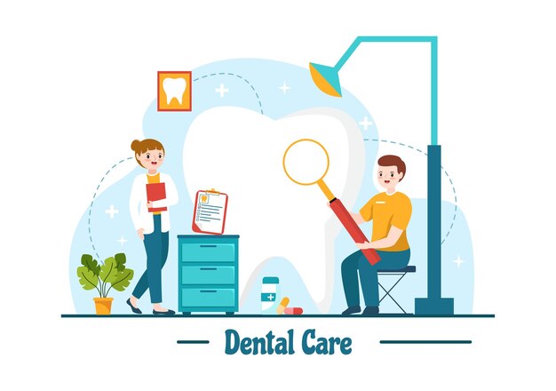 Иллюстрация стоматологической помощи со стоматологом, лечащим человеческие зубы и чистящим с помощью медицинского оборудования