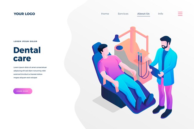 Dental care isometric landing page template dentist consulting patient cartoon characters