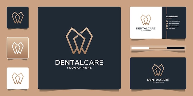 심플한 라인 로고 디자인과 명함이 있는 치과 치료 로고