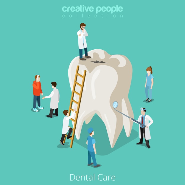 Dental Care micro dentist patient people and huge tooth healthcare concept