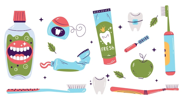 Vettore cura dentale igiene orale doodle schizzo disegnato a mano concetto di stile impostare strumenti procedura di pulizia della bocca