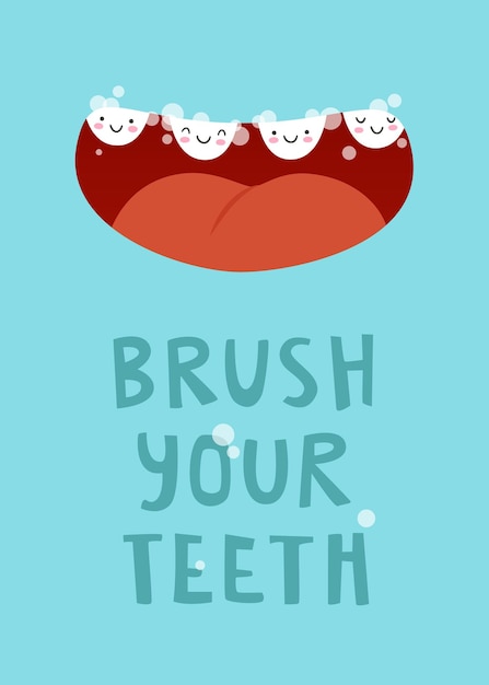 Dental care poster for kids with cartoon mouth and cute teeth Toothbrushing banner for children