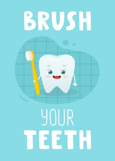 Dental care poster for kids with cartoon tooth holding toothbrush Toothbrushing banner for children