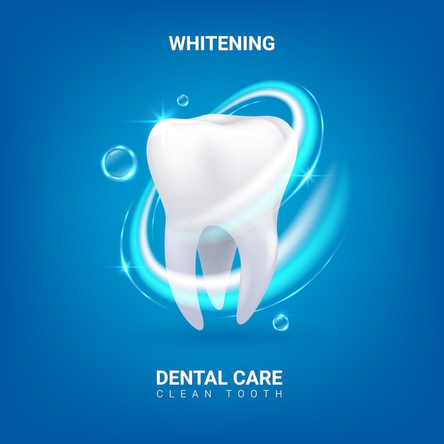 Dental care realistic clean 3d tooth whitening enamel or oral hygiene dentist service advertising banner with lettering professional teeth treatment vector dentistry and healthcare