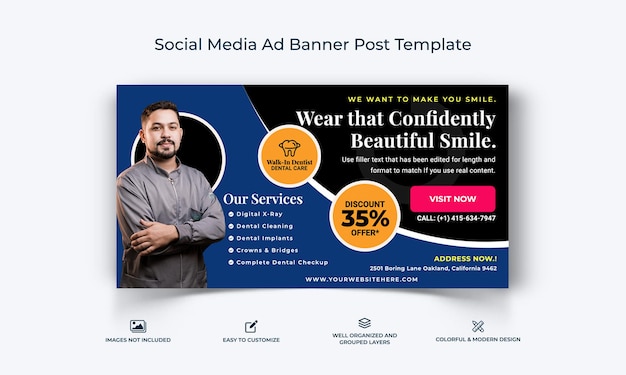 Social media per la cura dei denti facebook ad banner post template premium vector