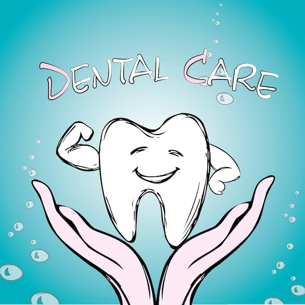 Dental care tooth on hand hand drawn vector