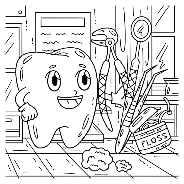 Vector dental care tooth with tools coloring page