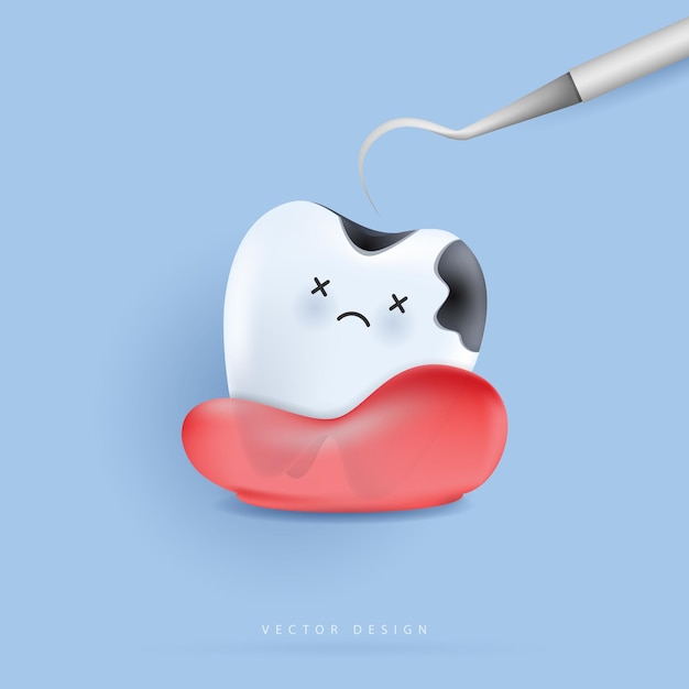 Dental cavity treatment decayed tooth tooth character for kids cute dentist mascot for medical apps websites and hospital vector design