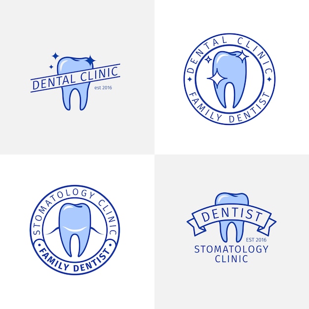 Dental clinic blue outline logo templates set