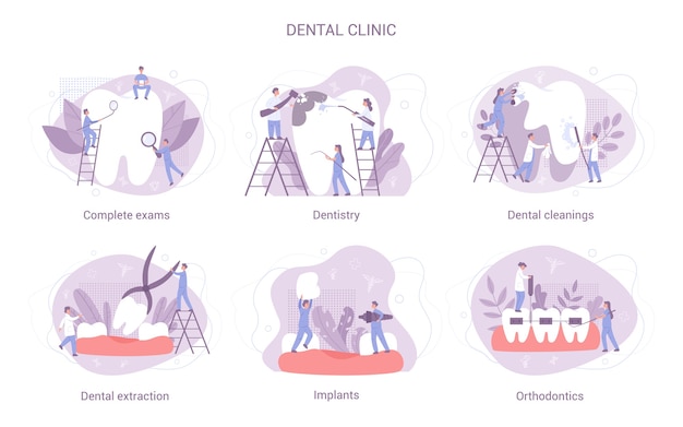 Insieme di concetto di clinica odontoiatrica. un gruppo di piccoli dentisti in uniforme tratta il dente gigante utilizzando apparecchiature mediche. idea di cure odontoiatriche.