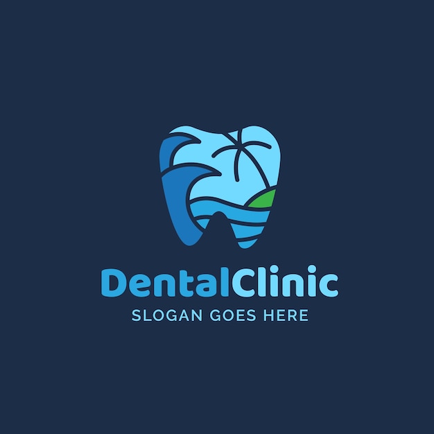 Dental clinic dentistry logo design with blue teeth and beach illustration