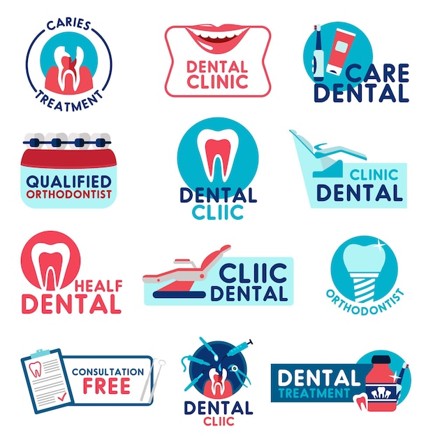 Dental clinic and dentistry medicine vector icons