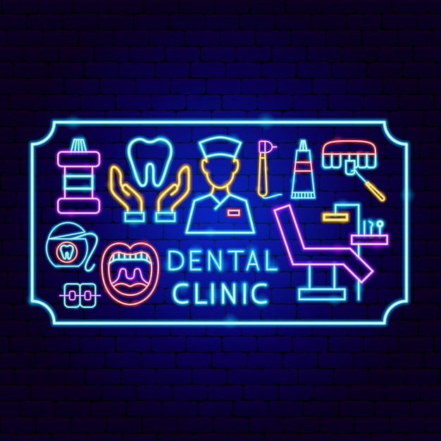 Vector dental clinic frame neon concept vector illustration of stomatology promotion