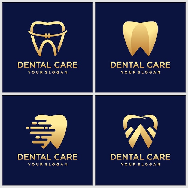 Set di icone del logo della clinica dentale con una lussuosa forma del dente con accenti di colore oro rendono questo design