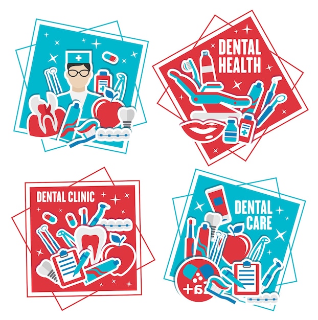 Dental health clinic and mouth hygiene tools icons