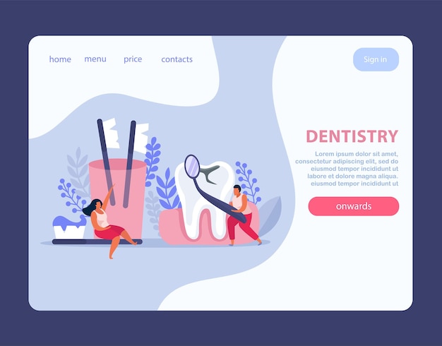 Дизайн веб-сайта плоской целевой страницы стоматологического здоровья с интерактивными кнопками, ссылками и текстом с изображениями каракули