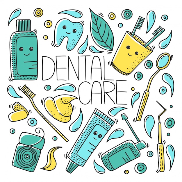 Dental health seamless pattern in doodle style.