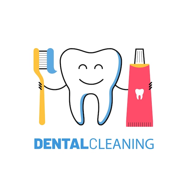 Dental healthcare icon with smiling tooth character holding toothbrush and toothpaste Clean teeth concept Modern dental clinic services Stomatology check up hygiene and treatment