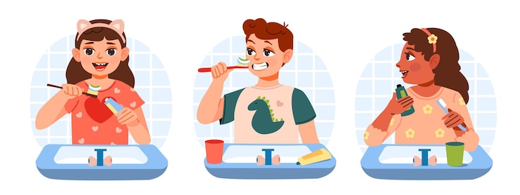 Vector dental hygiene kids in pajamas are brushing their teeth flat vector illustration