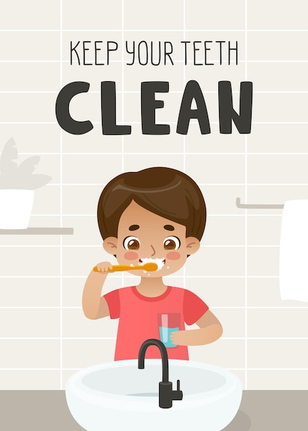 Dental hygiene poster for kids Banner with cartoon boy brushing his teeth in bathroom Keep your teeth clean text