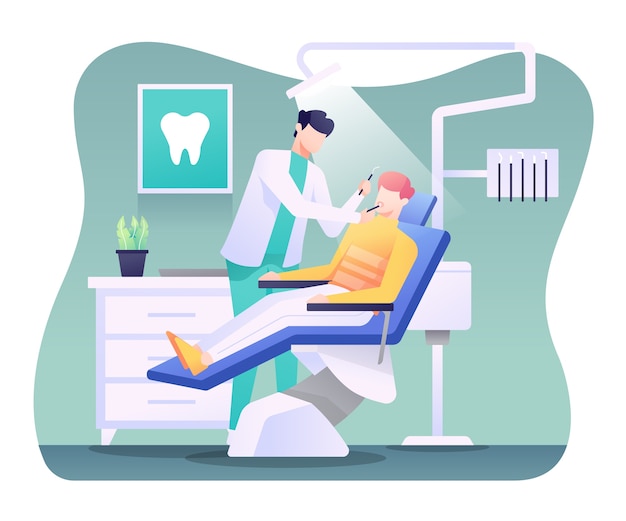 Illustrazione dentale, dentista che maneggia un paziente.