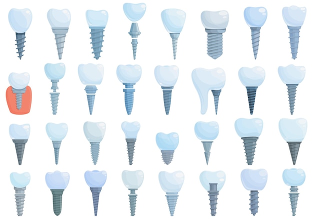 Dental implant icons set cartoon vector. Jaw surgery