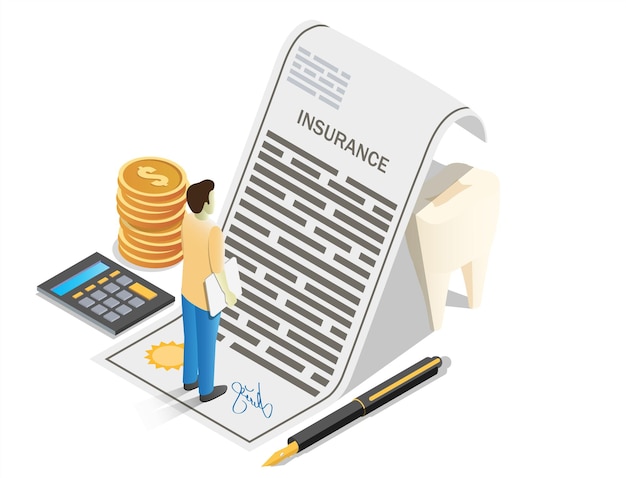 Dental insurance concept vector illustration Isometric composition with insurance policy dollar coins calculator character patient for poster banner website page etc