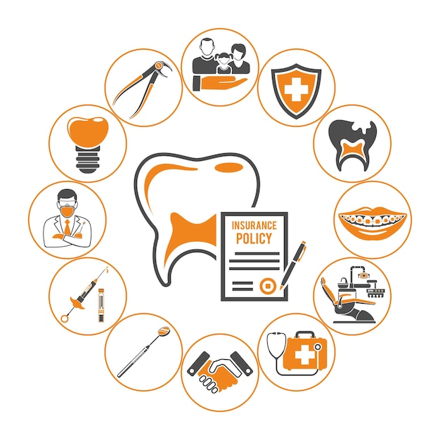 Dental insurance service concept. dental care  with flat two color icons tooth and insurance policy, dentist, syringe, carpula and implant. isolated vector illustration