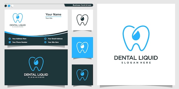 Dental logo with liquid water line art style and business card design template premium vector