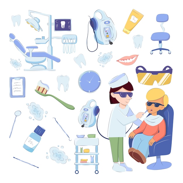 흰색 배경에 고립 된 디자인 요소의 치과 의료 세트 만화 손으로 그린 스타일에서 소년 치아 장비 도구 사무실 가구에 치아를 치료 하는 의사의 벡터 이미지