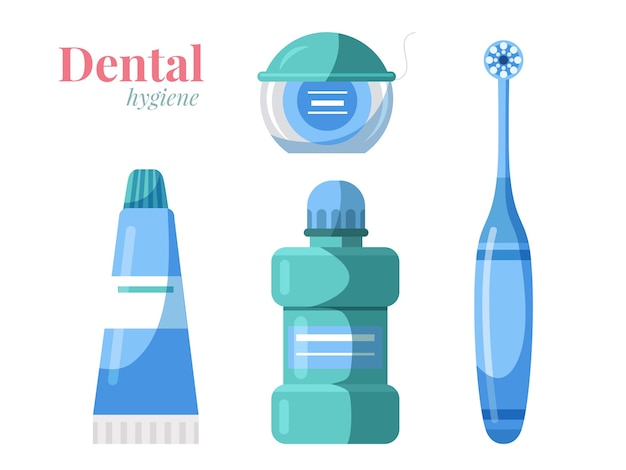 白い歯ブラシの歯磨き粉のうがい薬フロスに分離された歯科用口腔衛生製品セット